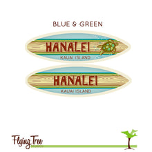 Load image into Gallery viewer, Mini Personalized Wooden Surfboard in Blue - 8" Long - Green Sea Turtle Design - Add a name, surf spot, beach, city, or vacation destination