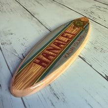 Load image into Gallery viewer, Mini Personalized Wooden Surfboard in Blue - 8" Long - Green Sea Turtle Design - Add a name, surf spot, beach, city, or vacation destination