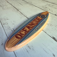 Load image into Gallery viewer, Mini Personalized Surfboard - 8" Long - Blue with Wave Drop Design - Add a name, surf spot, beach, city, or vacation destination
