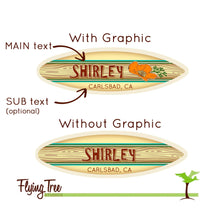 Load image into Gallery viewer, Mini Personalized Wooden Surfboard in Blue - 8" Long - California Poppy Design - Add a name, surf spot, beach, city, or vacation destination