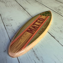 Load image into Gallery viewer, Mini Personalized Wooden Surfboard in Green - 8" Long - Tropical Monstera Leaf - Add a name, surf spot, beach, city, or vacation destination