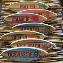 Load image into Gallery viewer, Mini Personalized Wooden Surfboard in Blue - 8" Long - California Poppy Design - Add a name, surf spot, beach, city, or vacation destination