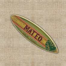 Load image into Gallery viewer, Mini Personalized Wooden Surfboard in Green - 8" Long - Tropical Monstera Leaf - Add a name, surf spot, beach, city, or vacation destination