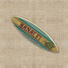 Load image into Gallery viewer, Mini Personalized Wooden Surfboard in Blue - 8" Long - Green Sea Turtle Design - Add a name, surf spot, beach, city, or vacation destination