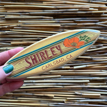 Load image into Gallery viewer, Mini Personalized Wooden Surfboard in Blue - 8" Long - California Poppy Design - Add a name, surf spot, beach, city, or vacation destination