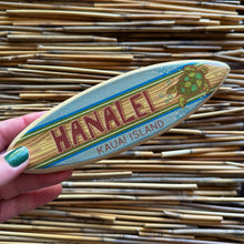 Load image into Gallery viewer, Mini Personalized Wooden Surfboard in Blue - 8" Long - Green Sea Turtle Design - Add a name, surf spot, beach, city, or vacation destination