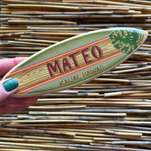 Load image into Gallery viewer, Mini Personalized Wooden Surfboard in Green - 8" Long - Tropical Monstera Leaf - Add a name, surf spot, beach, city, or vacation destination