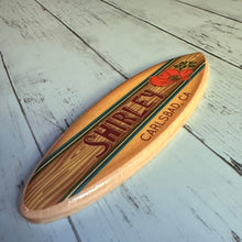 Load image into Gallery viewer, Mini Personalized Wooden Surfboard in Blue - 8" Long - California Poppy Design - Add a name, surf spot, beach, city, or vacation destination