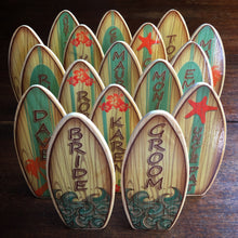 Load image into Gallery viewer, Mini Wooden Surfboard Wedding or Party Favor - Cake Topper - Surf or Beach Table Setting - Personalized Place Cards
