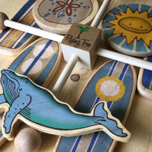 Load image into Gallery viewer, baby mobile with surfboards grey whale and sun
