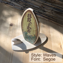 Load image into Gallery viewer, Mini Wooden Surfboard Wedding or Party Favor - Cake Topper - Surf or Beach Table Setting - Personalized Place Cards