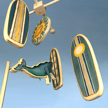 Load image into Gallery viewer, beach themed baby crib mobile with grey whale and surfboards