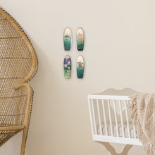 Load image into Gallery viewer, Mini Wooden Surfboard Art - 6.5 Inches Tall, Hawaiian Honu Green Sea Turtle on Longboard