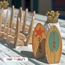 Load image into Gallery viewer, Mini Wooden Surfboard Wedding or Party Favor - Cake Topper - Surf or Beach Table Setting - Personalized Place Cards
