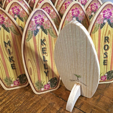 Load image into Gallery viewer, Mini Tropical Floral Surfboard - Personalized Wedding or Party Favor - Cake Topper - Surf or Beach Table Setting Place Card
