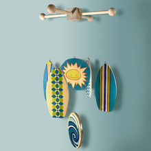 Load image into Gallery viewer, beach themed baby mobile with shades of blues and aquas for a surf inspired baby room
