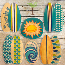 Load image into Gallery viewer, baby crib mobile with surfboards, sun and ocean wave for a beach themed baby room
