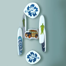 Load image into Gallery viewer, surfboards, a vintage woody car and tropical hibiscus flowers on this baby crib mobile
