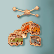 Load image into Gallery viewer, colorful vintage volkswagen buses adorn this handmade wooden baby mobile
