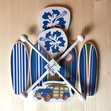Load image into Gallery viewer, classic surfboards on a baby mobile for a beach themed baby room
