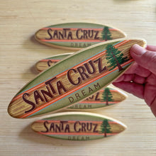 Load image into Gallery viewer, Mini Wooden Surfboard - Green &amp; Orange Redwood with &quot;Santa Cruz Dream&quot;

