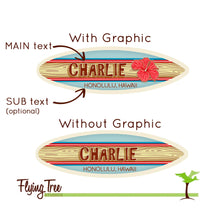 Load image into Gallery viewer, Mini Personalized Wooden Surfboard - 8&quot; Long -  Blue &amp; Red Hawaiian Hibiscus Design - Add a name, surf spot, beach, city, or vacation destination
