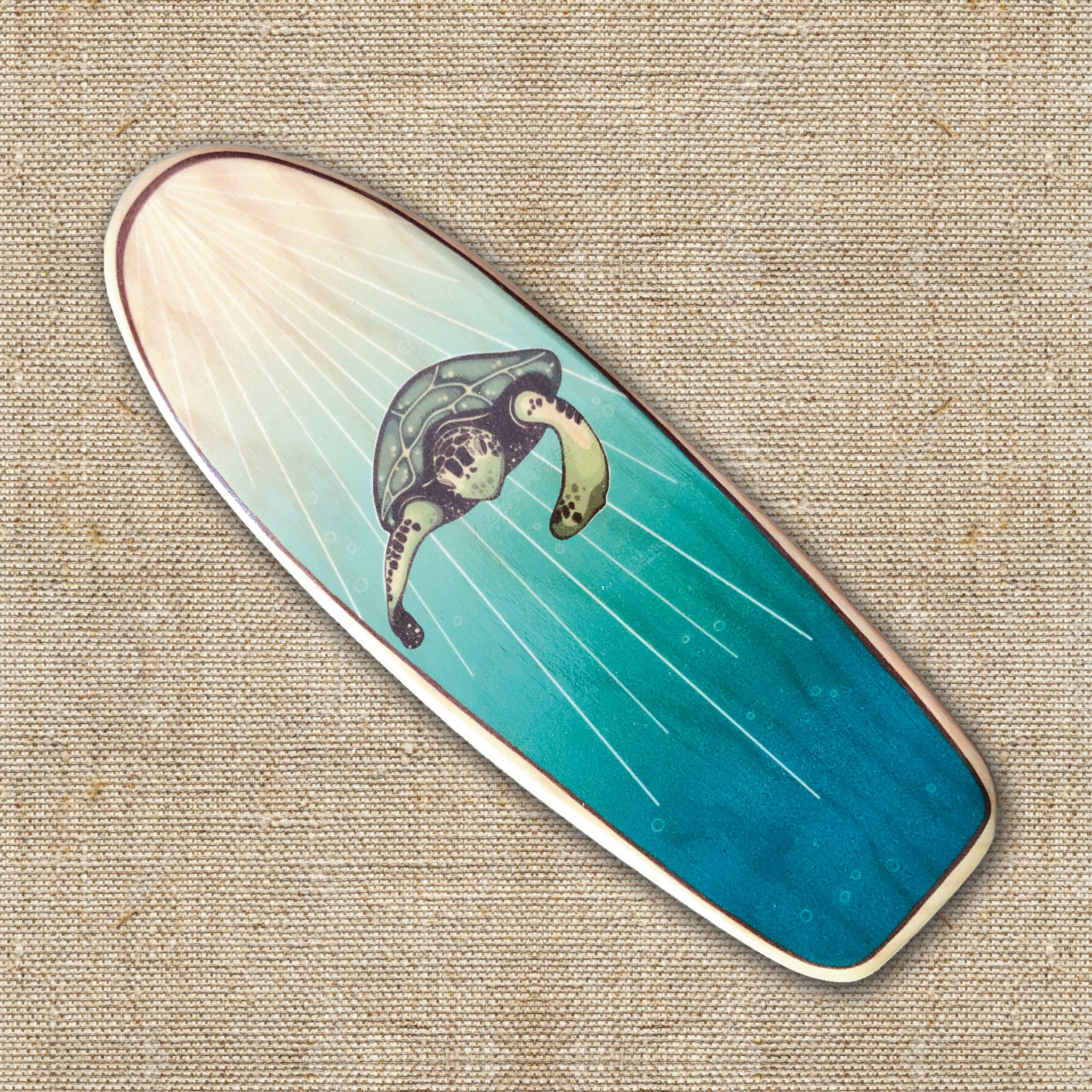 Mini Wooden Surfboard Art Hawaiian Honu Green Sea Turtle on Longboard