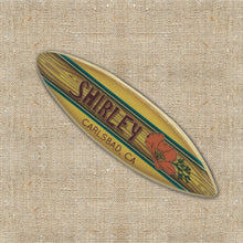 Load image into Gallery viewer, Mini Personalized Wooden Surfboard in Blue - 8&quot; Long - California Poppy Design - Add a name, surf spot, beach, city, or vacation destination
