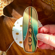 Load image into Gallery viewer, Mini Surfboard Name Place Cards, Retro Rainbow, Wood Place Tag, Unique Personalized Wedding Favor, Colorful Beach Wedding Table Setting
