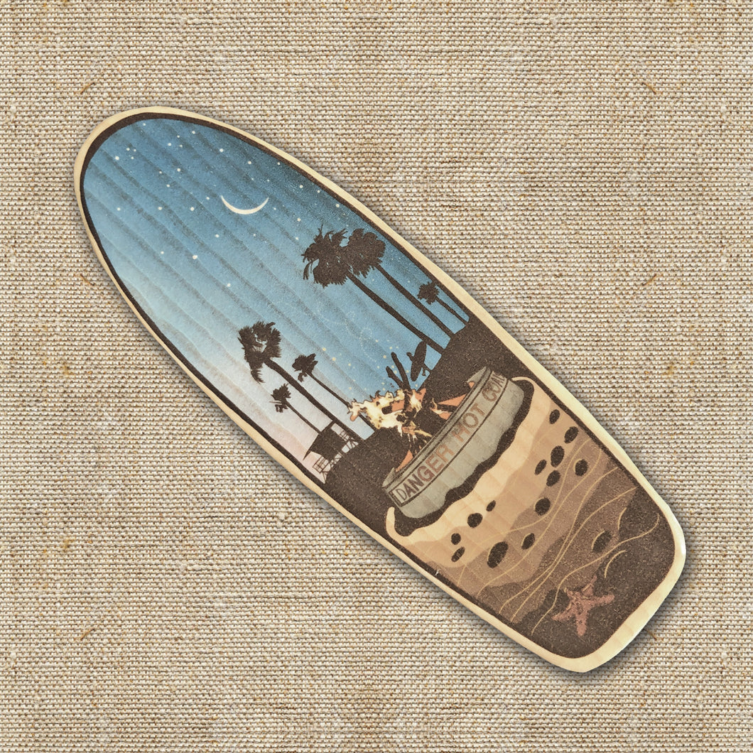 Mini Wooden Surfboard Art - Beach  Bonfire on Longboard