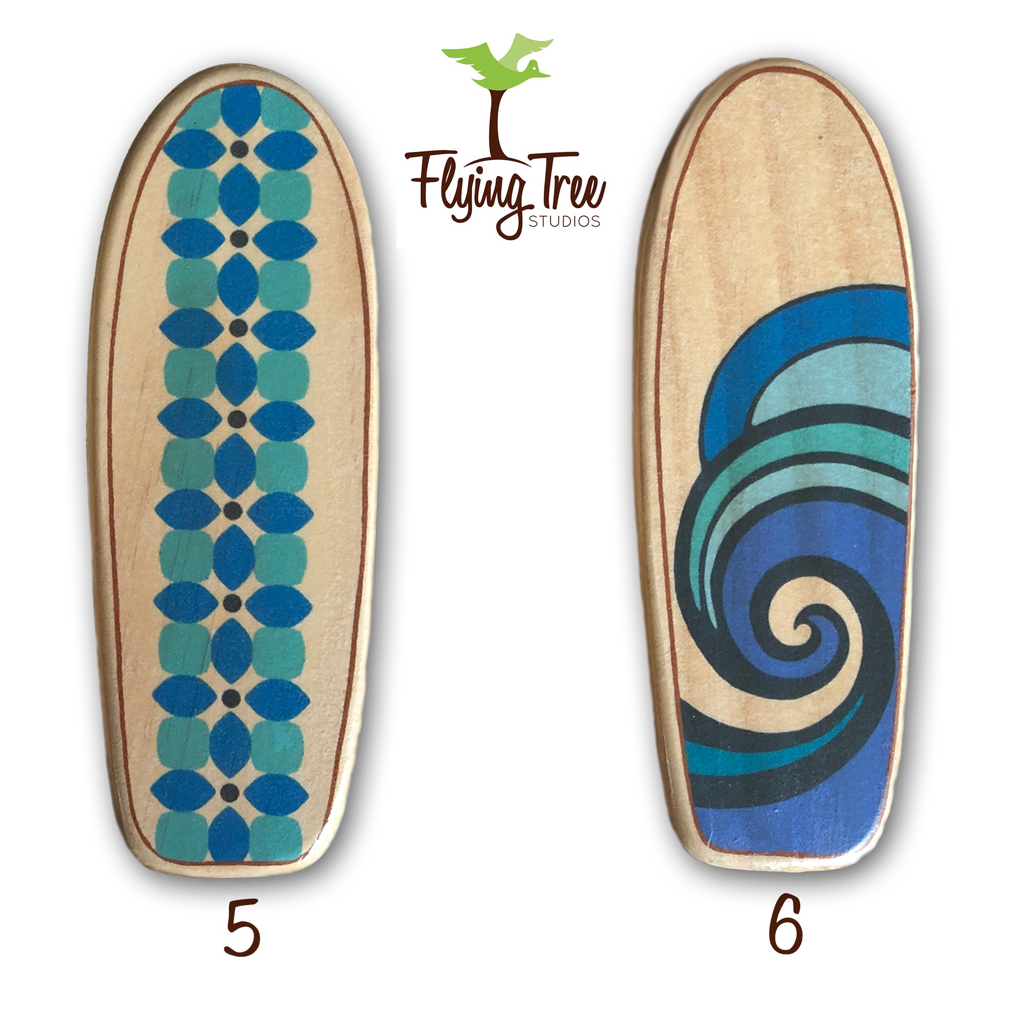 Mini Wooden Surfboard Art, Classic Longboard Designs, Blue