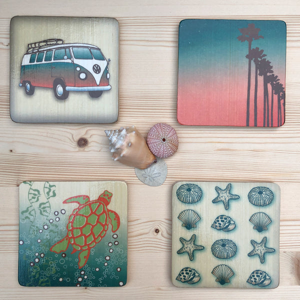 wood block artwork set with vintage volkswagon, palms, sea turtle and shells