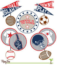 Load image into Gallery viewer, fun baby mobile for a sports themed baby room with a vintage feel
