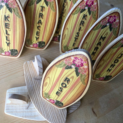 Mini Tropical Floral Surfboard - Personalized Wedding or Party Favor - Cake Topper - Surf or Beach Table Setting Place Card