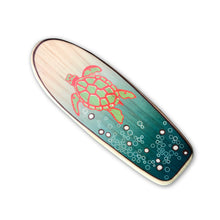 Load image into Gallery viewer, Mini Wooden Surfboard Art - 6.5 Inches Tall, Swimming Green Sea Turtle Illustration on Longboard
