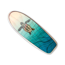Load image into Gallery viewer, Mini Wooden Surfboard Art - 10 Inches Tall, Honu Hawaiian Green Sea Turtle on Longboard
