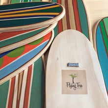 Load image into Gallery viewer, Mini Wooden Surfboard Art - Colorful Swimming Sea Turtles Illustration on Longboard
