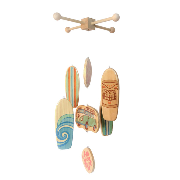 wooden surfboard baby mobile for a surf inspired baby nursery