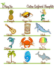 Load image into Gallery viewer, customize your wooden surfboard with a pineapple, humuhumunukunukuapua&#39;a, mermaid, ukulele, tiki, whale, dolphin, crab, shave ice, palm tree, wave or shark
