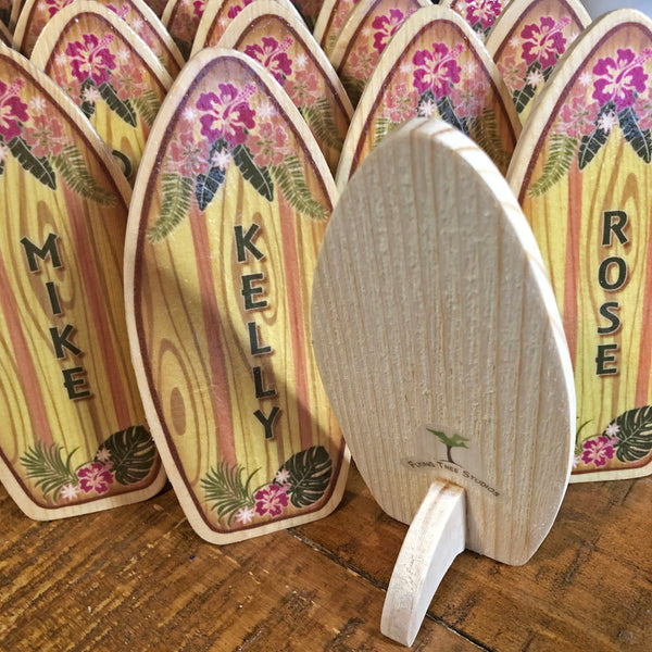 Mini Tropical Floral Surfboard - Personalized Wedding or Party Favor - Cake Topper - Surf or Beach Table Setting Place Card