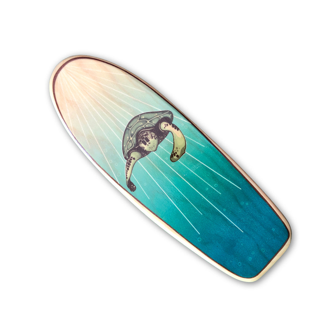 Mini Wooden Surfboard Art - 6.5 Inches Tall, Hawaiian Honu Green Sea Turtle on Longboard