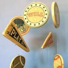 Load image into Gallery viewer, wooden crib mobile for a sports themed baby nursery

