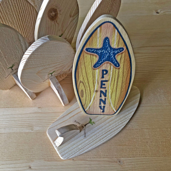 Personalized Mini Wooden Surfboard - Navy and Blush Surf or Beach Theme - Name Place Cards and Favors