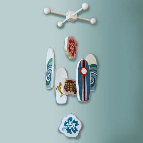 Wooden Surfboard Baby Crib Mobile for a Beach Themed Baby Nursery