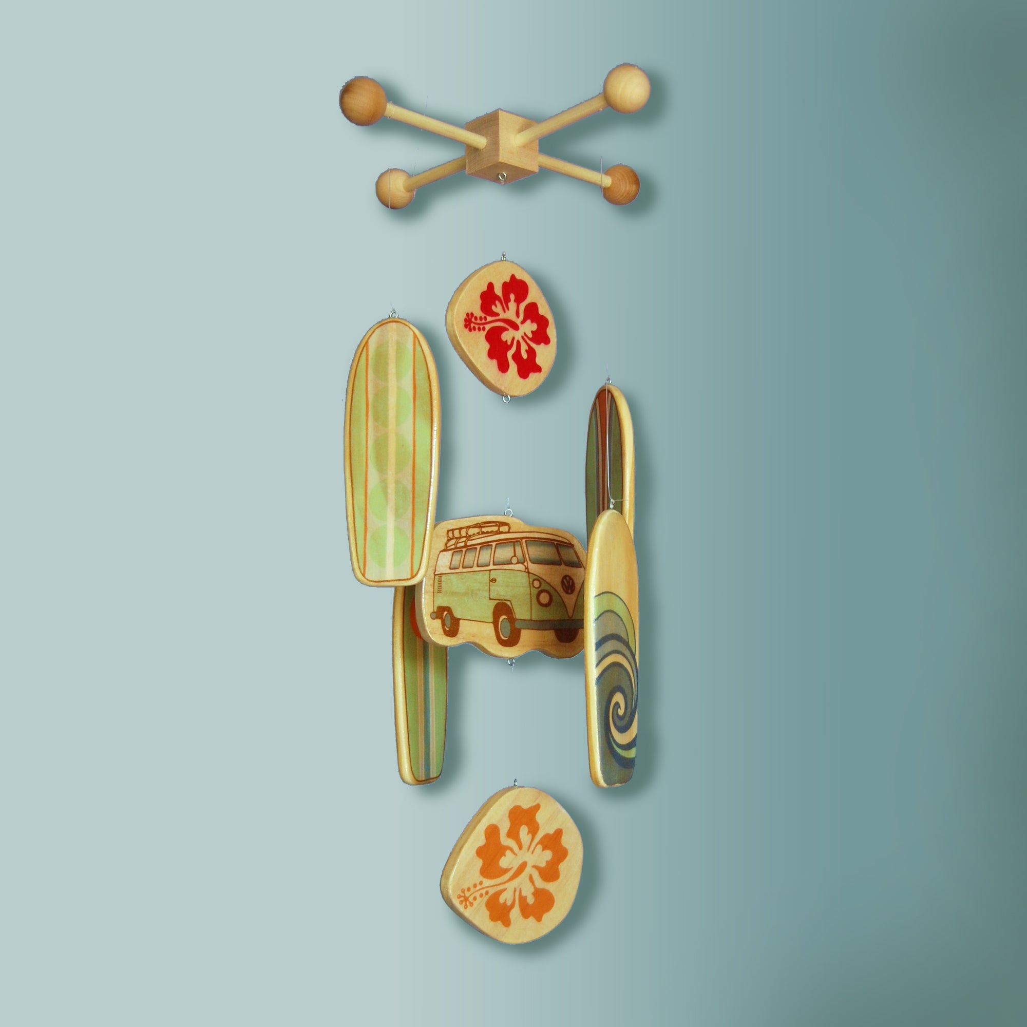 mint green surfboards and Volkswagen combi van on a beach themed crib mobile