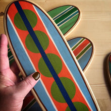 Load image into Gallery viewer, Mini Wooden Surfboard Art, 13 inches Tall,  Classic Longboard Designs
