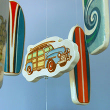 Load image into Gallery viewer, Wooden Surfboard Baby Crib Mobile for a Beach Themed Baby Nursery

