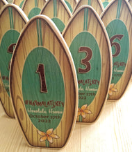 Load image into Gallery viewer, Mini Surfboard Table Number Signs Personalized for Wedding, Graduation, or any Special Event
