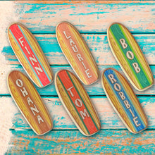Load image into Gallery viewer, Personalized Surfboard Name Signs, 10 Inch Tall Mini Wooden Longboard
