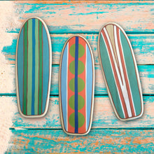 Load image into Gallery viewer, Mini Wooden Surfboard Art, 13 inches Tall,  Classic Longboard Designs
